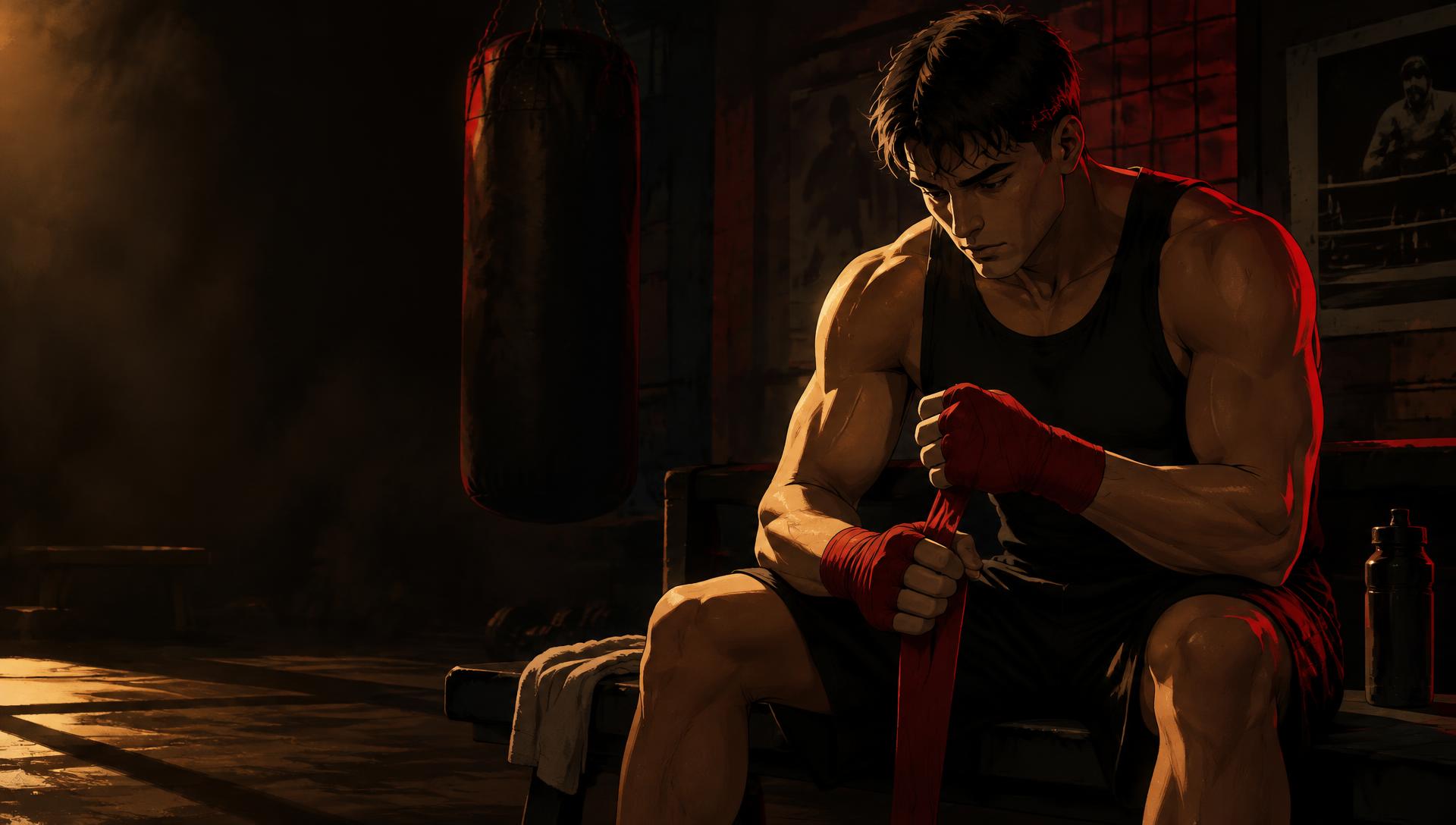 Animated boxer wrapping his hands in a dark gym